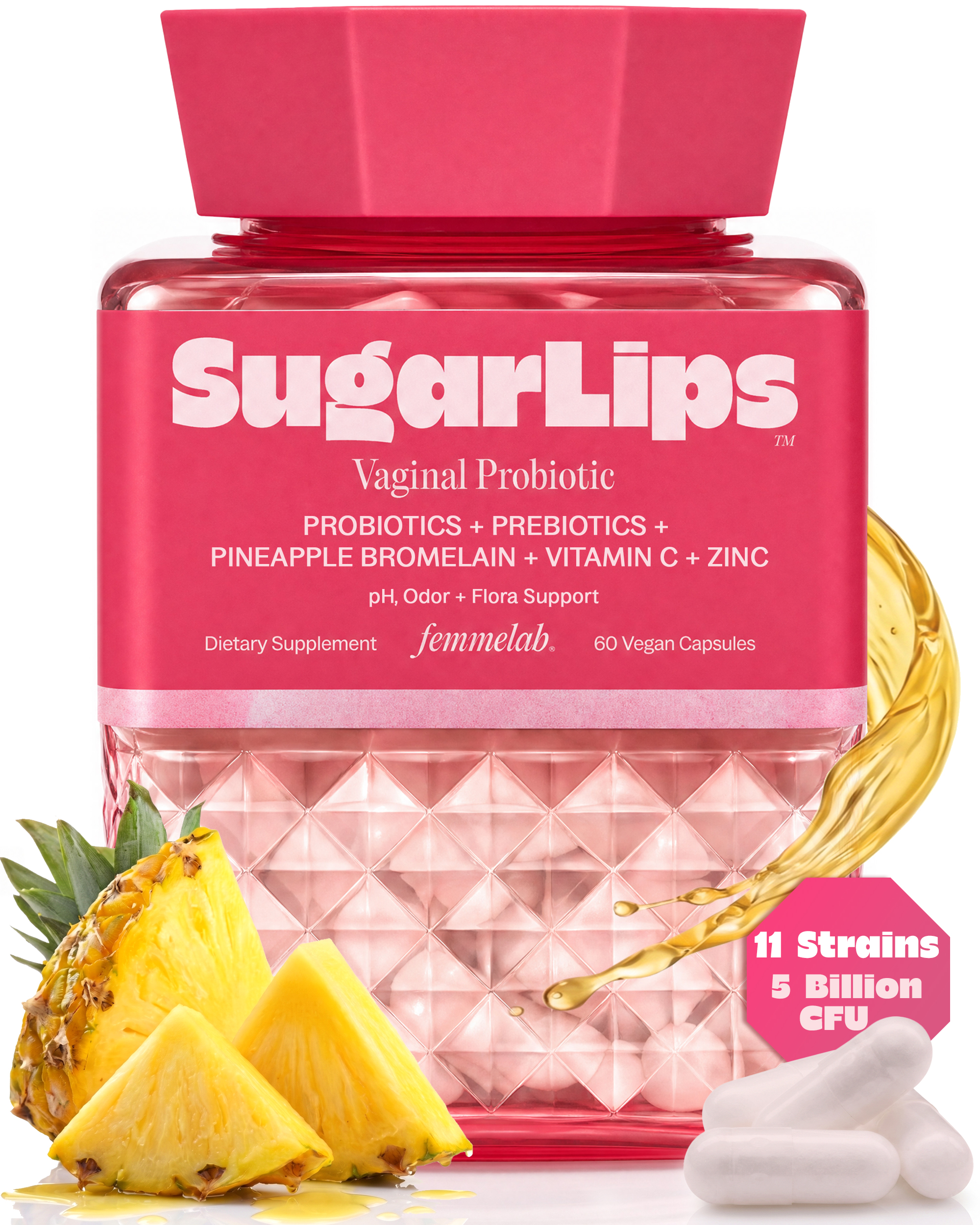 SugarLips vaginal probiotic bottle with pineapple